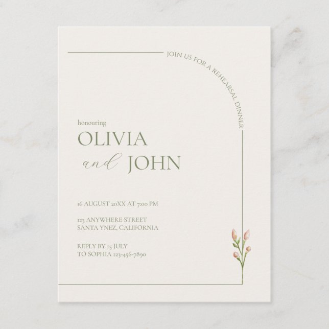Sage Green & Linen Arch Minimal Rehearsal Dinner  (Vorderseite)