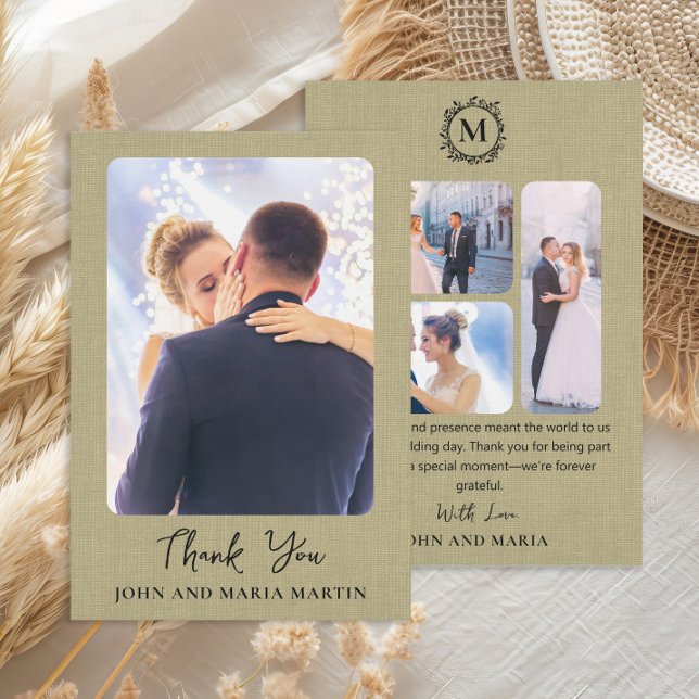 Sage Green Linen Wedding Foto Collage Vielen Dank Dankeskarte (Elegant sage green linen design wedding photo collage Thank You card)