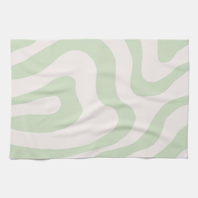Sage Green Liquid Swirl Groovy Streifen Y2K Muster Geschirrtuch (Horizontal)