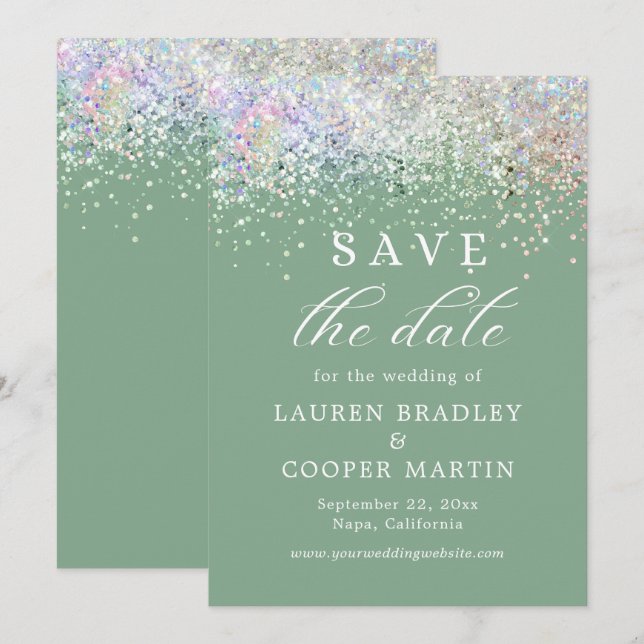 Sage Green Luxury Glitzer Wedding Save the Date (Vorne/Hinten)