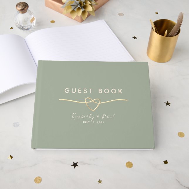 Sage Green Mariage livre d'hôtes avec Gold Heart (Recto ouvert)