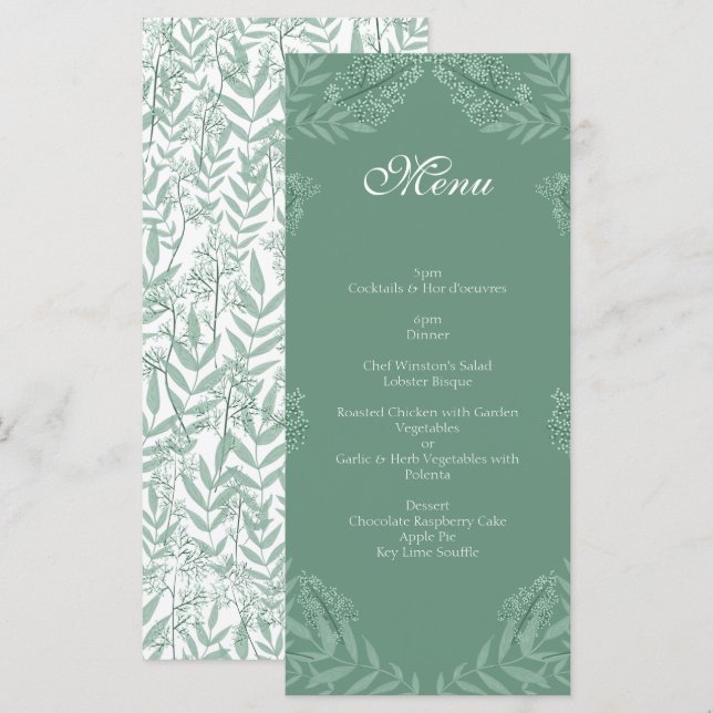 Sage Green Mariage Vintage Botanique Menu (Devant / Derrière)