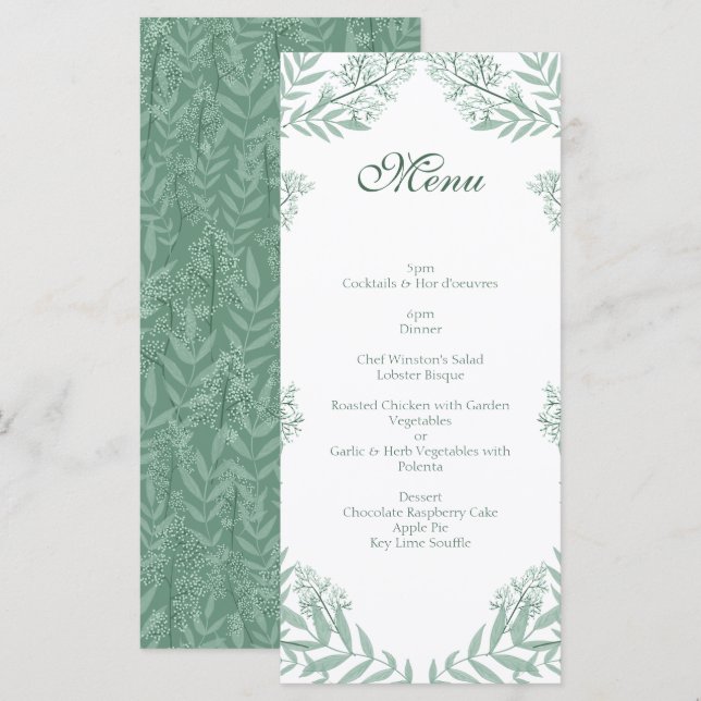 Sage Green Mariage Vintage Botanique Menu (Devant / Derrière)