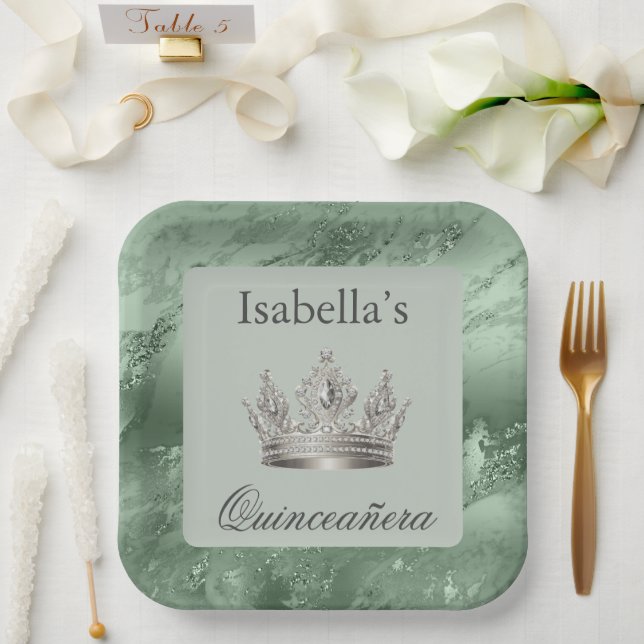 Sage Green Metallic Tiara Crown Quinceañera Pappteller (Hochzeit)