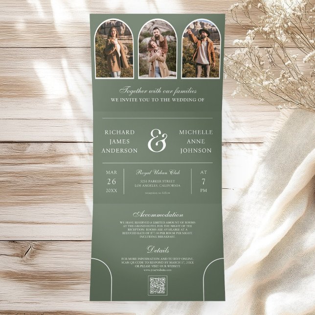 Sage Green Minimal Arch Photo QR code Wedding Dreifach Gefaltete Einladung (Von Creator hochgeladen)