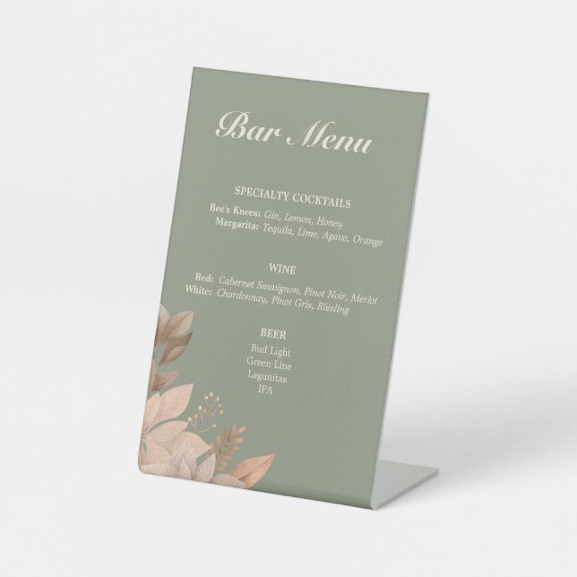 Sage Green Minimal Wedding Bar Menu Pedestal Schil Sockelschild (Vorderseite)