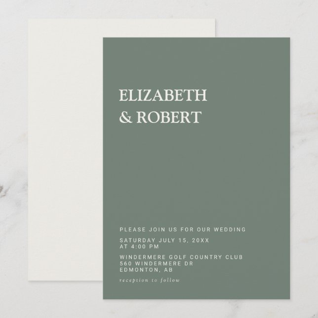 Sage Green Minimalist Simple Modern wedding Einladung (Vorne/Hinten)