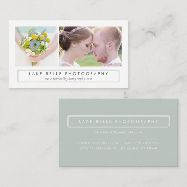 Sage Green Minimalist Two Photo Layout Modern Visitenkarte (Vorne/Hinten)