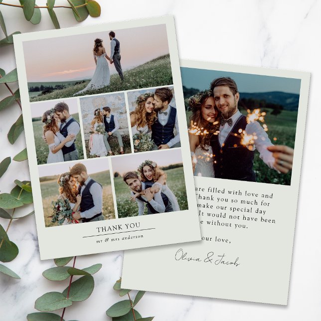 Sage Green Minimalistisch 7 Foto Hochzeit Dankeskarte (Von Creator hochgeladen)