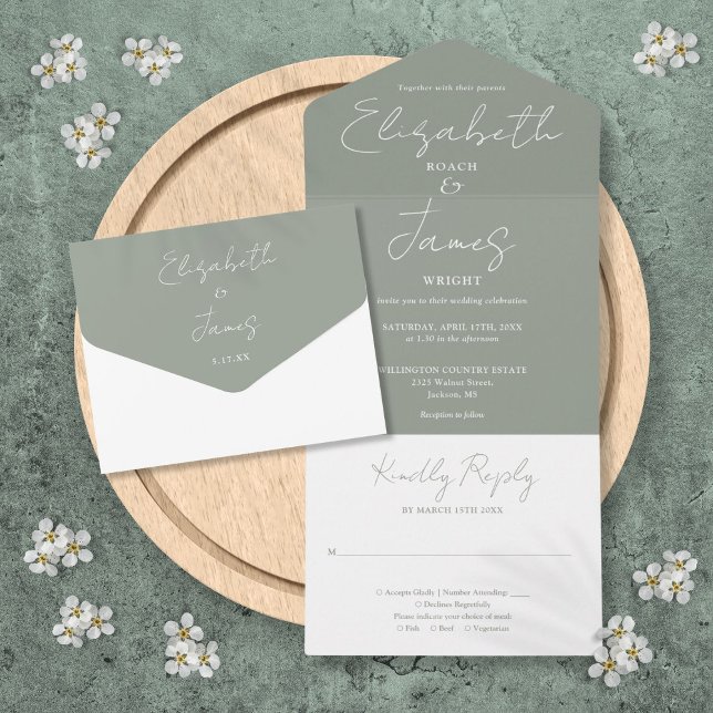 Sage Green Minimalistisch Elegant Script Wedding All In One Einladung (Sage Green Minimalist Elegant Script Wedding All In One Invitation)