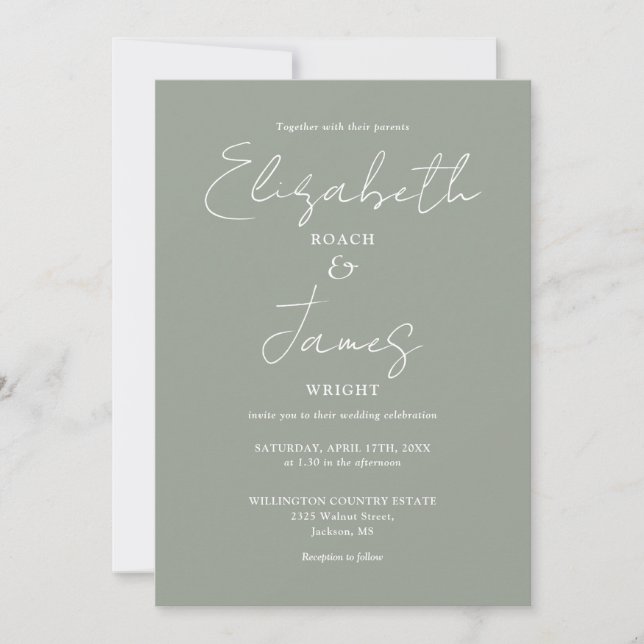 Sage Green Minimalistisch Elegant Script Wedding Einladung (Vorderseite)