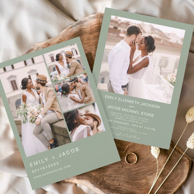 Sage Green Minimalistisch Foto Fünf Foto Hochzeit Einladung (Von Creator hochgeladen)