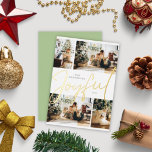 Sage Green Minimalistisch Four Fotos Freuen Weihna Folien Feiertagskarte<br><div class="desc">Eine Weihnachtskarte mit vier bearbeitbaren Fotos und einer Schriftzeichen-Kalligrafie mit der grünen Schrift "Joyful" in der Mitte.</div>