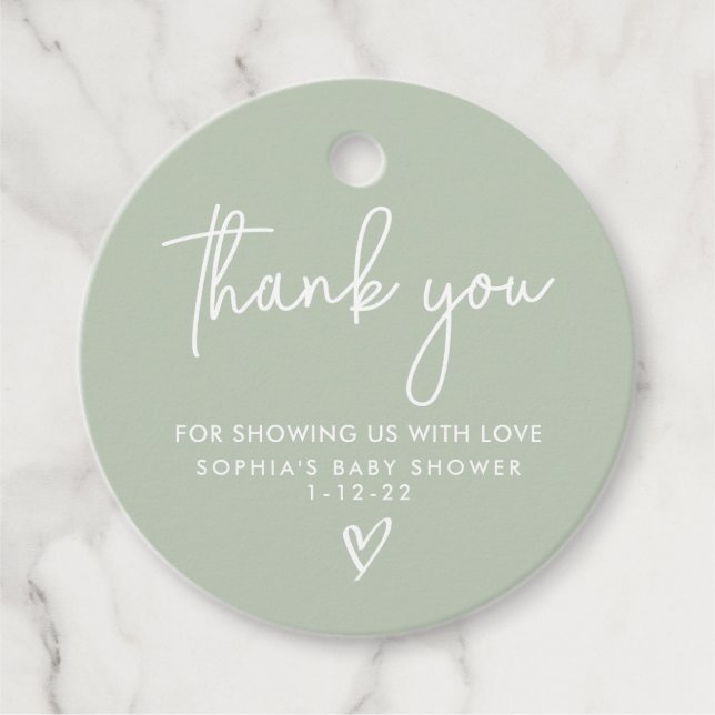 Sage Green Minimalistisch Modern Boho Babydusche Geschenkanhänger (Vorderseite)