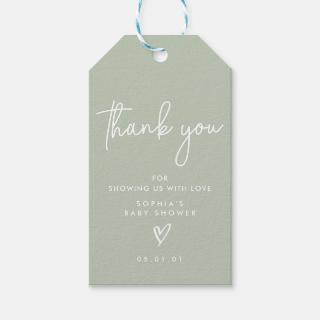 Sage Green Minimalistisch Modern Boho Babydusche Geschenkanhänger (Vorderseite)