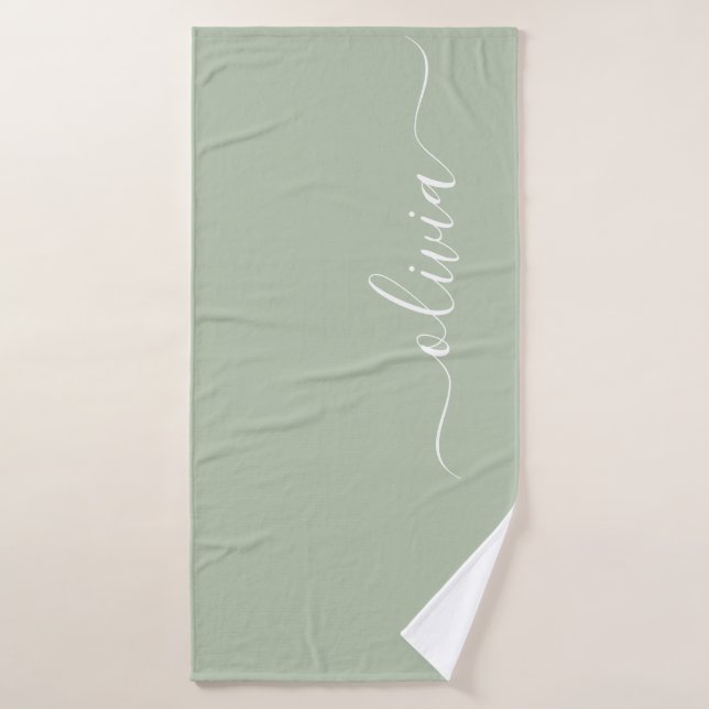 Sage Green Minimalistisch Modern Monogram Elegant Badehandtuch (Badehandtuch)