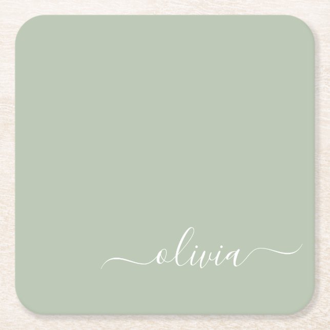 Sage Green Minimalistisch Modern Monogram Elegant Rechteckiger Pappuntersetzer (Vorderseite)