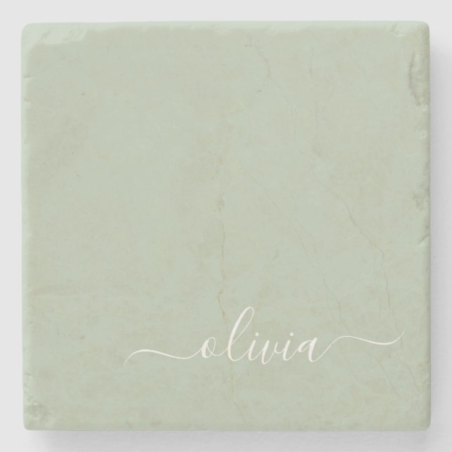 Sage Green Minimalistisch Modern Monogram Elegant Steinuntersetzer (Vorderseite)