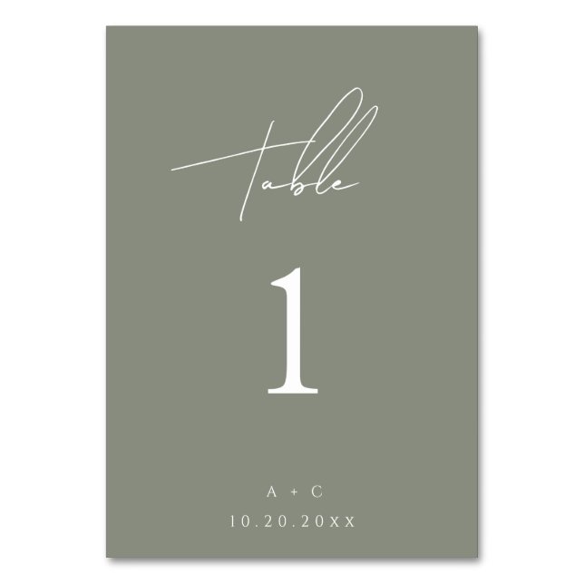 Sage Green Minimalistisch Modern Wedding Table Car Tischnummer (Vorderseite)