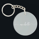 Sage Green Minimalistisch Monogram Name Script Schlüsselanhänger<br><div class="desc">Eleganter Sage Green Sophisticated Girly Monogram Name Script Custom Personalisiert Schlüsselanhänger. Diese einfache Minimalistische Design mit Ihrem Vornamen in einem hübschen handgeschriebenen Stil Swash Schwanz Schriftart Signatur Typografie-Skript auf sage grün oder staubigen grünen Hintergrund. So einfach anzupassen. Große stilvolle feminine Hauswärmeschenke, auch für Geburtstag, Hochzeit, Muttertag, Brautparty, süße 16 Geburtstagsparty,...</div>