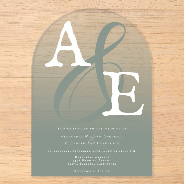 Sage Green Minimalistisch Monogram Wedding Acryleinladungen (Vorderseite)
