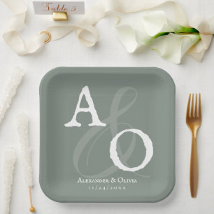 Sage Green Minimalistisch Monogram Wedding Pappteller