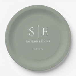 Sage Green Minimalistisch Monogram Wedding Pappteller