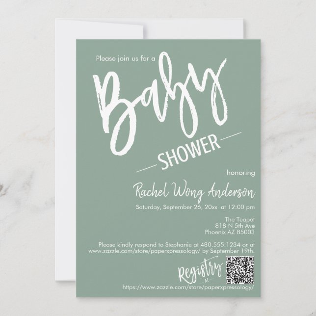 Sage Green Minimalistisch Script Baby Dusche QR Co Einladung (Vorderseite)