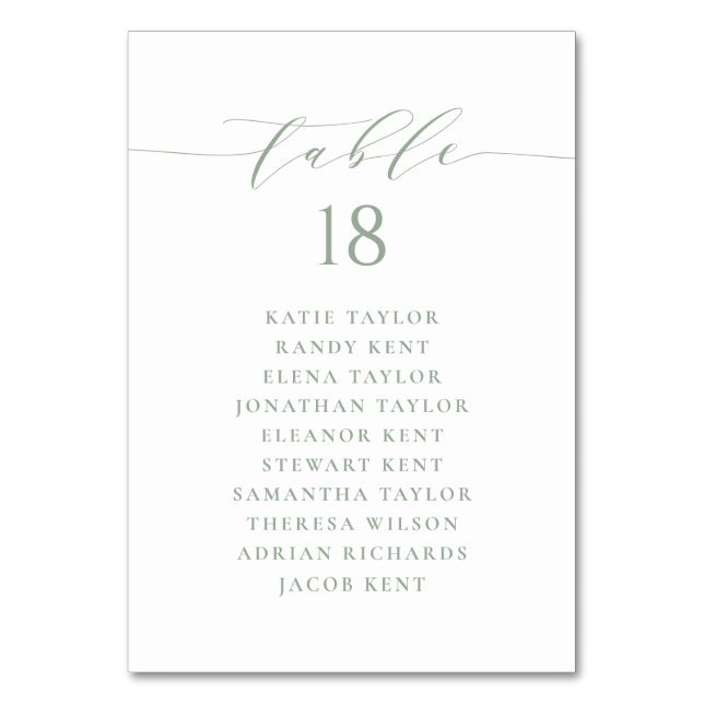 Sage Green Minimalistisch Script Wedding Plan Tischnummer (Vorderseite)