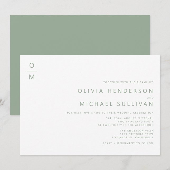 Sage Green Minimalistisch Typografy Monogram Weddi Einladung (Vorne/Hinten)