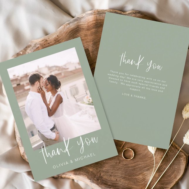 Sage Green Minimalistisch Wedding Danke Foto (Von Creator hochgeladen)