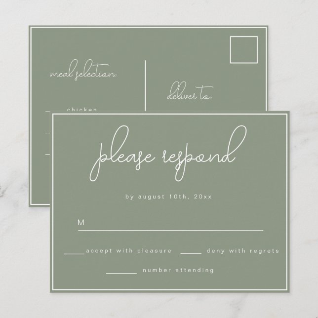 Sage Green Minimalistisch Wedding RSVP Postcard Postkarte (Vorne/Hinten)