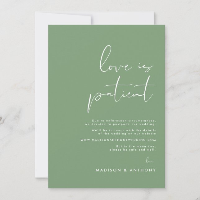 Sage Green Minimalistisches Foto Hochzeitsaufschie Ankündigung (Vorderseite)
