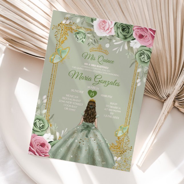 Sage Green Mis Quince 15 Anos Pink Blume Kleider Einladung (Von Creator hochgeladen)