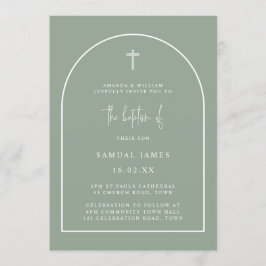 Sage Green Modern Arch Script Minimalistische Tauf Einladung