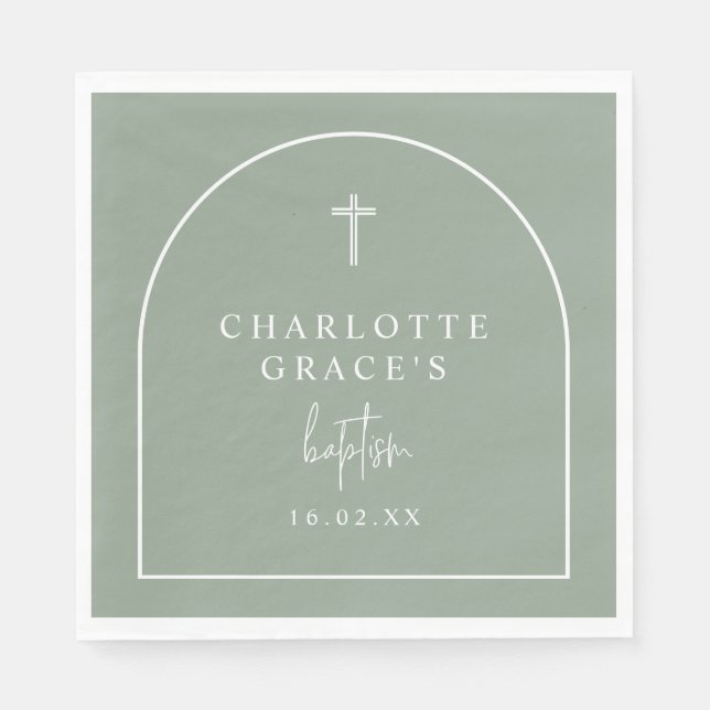 Sage Green Modern Arch Script Minimalistische Tauf Serviette (Vorderseite)
