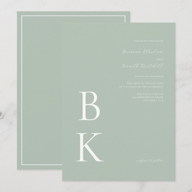 Sage Green Modern Bold Monogram Typografy Wedding Einladung (Vorne/Hinten)