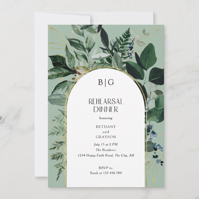 Sage Green Modern Botanische Probe Abendessen Einladung (Vorderseite)
