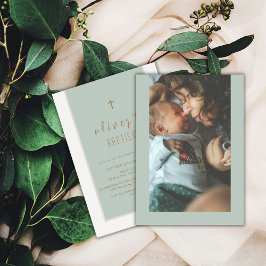Sage Green Modern Cross Christening Foto Taufe Einladung