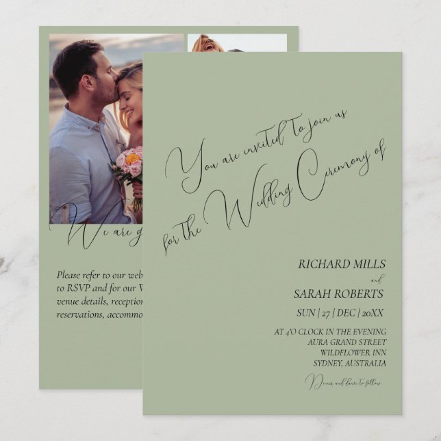 Sage Green Modern Custom Foto Collage Hochzeit Einladung (Vorne/Hinten)