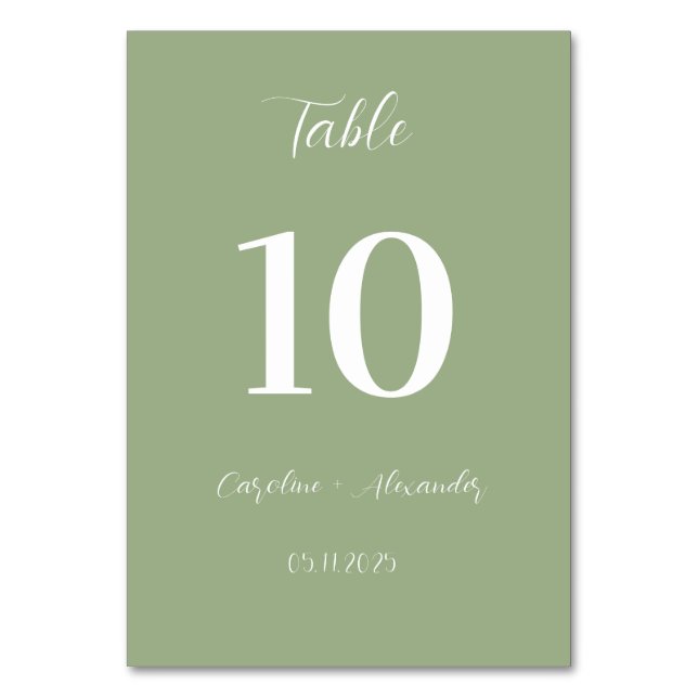 Sage Green Modern Elegante Einzigartige Hochzeit Tischnummer (Vorderseite)