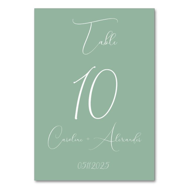 Sage Green Modern Elegante Einzigartige Hochzeit Tischnummer (Vorderseite)