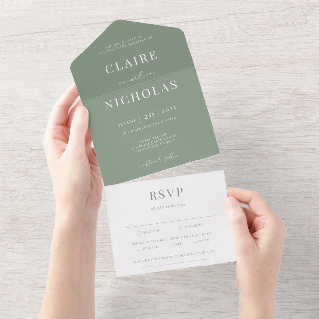 Sage Green Modern Elegante Hochzeit All In One Einladung (Abreißen)