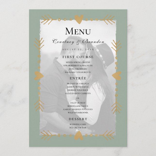 Sage Green Modern Foto Gold Hearts Hochzeitsmenü Menükarte (Vorderseite)