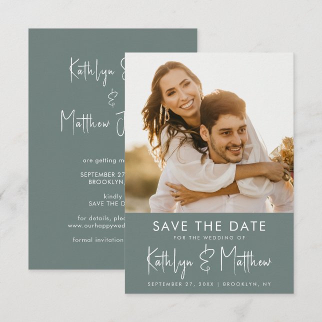 Sage Green Modern Foto Minimalistisch Hochzeit Save The Date (Vorne/Hinten)
