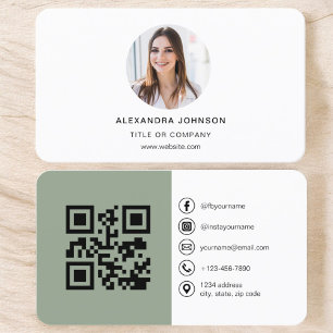 Sage Green Modern Foto mit QR Code Social Media Visitenkarte