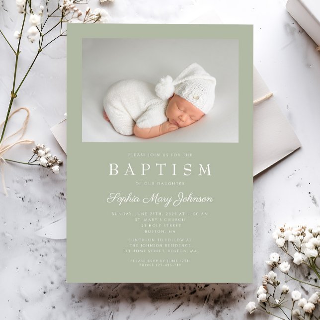 Sage Green Modern Foto Taufe Einladung (Sage Green Modern Photo Baptism Invitation)
