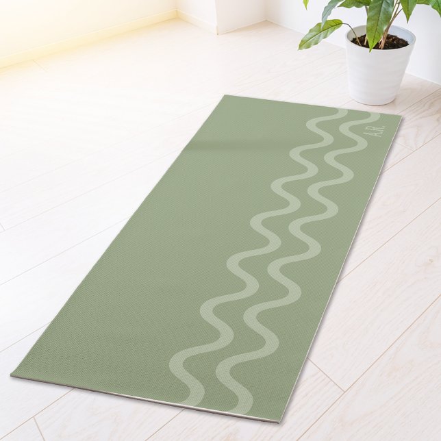 Sage Green Modern Minimal Wavy Lines And Initials Yogamatte (Disclaimer: This image is a digital mockup.)