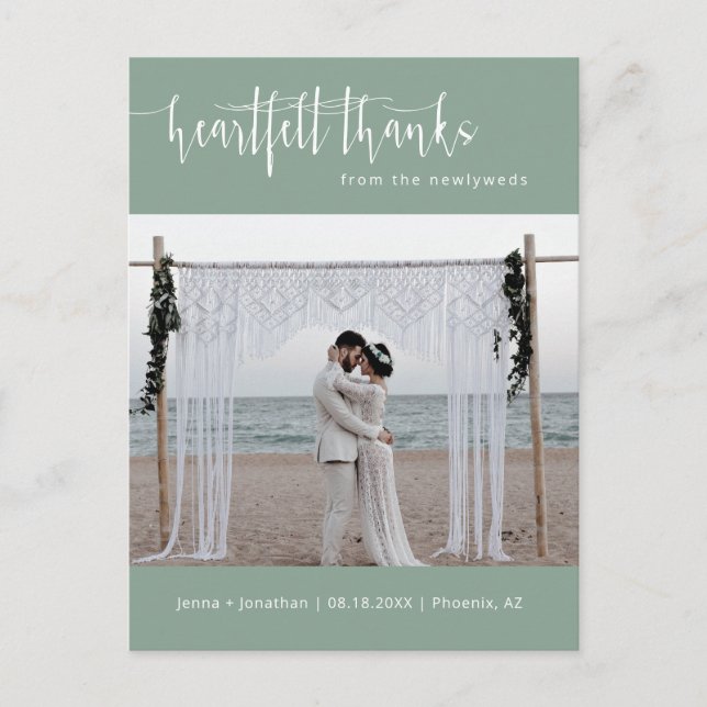 Sage Green Modern Minimal Wedding Foto Vielen Dank Postkarte (Vorderseite)