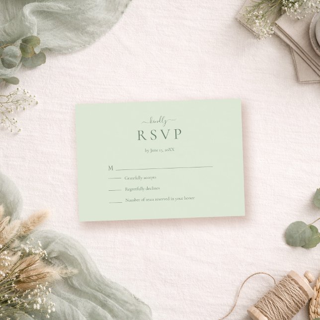 Sage Green Modern Minimalist Wedding RSVP Card Karte (Sage Green Modern Minimalist Wedding RSVP Card on a boho table with dry flowers and eucalyptus)